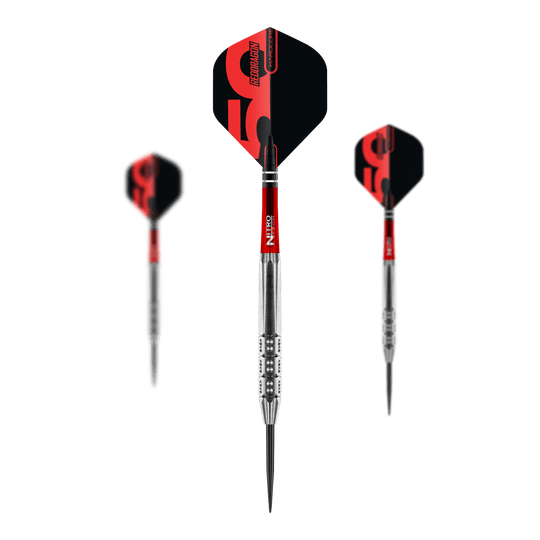 Red Dragon 50 Jaar Collectie Hexose Set 3 Steeldarts - 25g Das Bild illustriert ein Set der Red Dragon 50 Year Collection Hexoset 3 Steeldarts mit 25g Gewicht. Diese Steeldarts sind Teil einer limitierten Sammleredition.