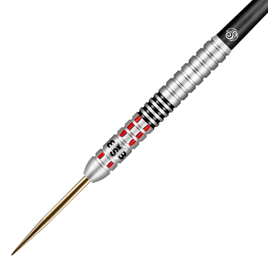 Shot Michael Smith bereikt Steel Darts Auf dem Bild ist ein Steeldart mit silbernem Barrel, roten Akzenten und schwarzem Griffbereich zu sehen. Es handelt sich um das Produkt "Shot Michael Smith Achieve Steeldarts".