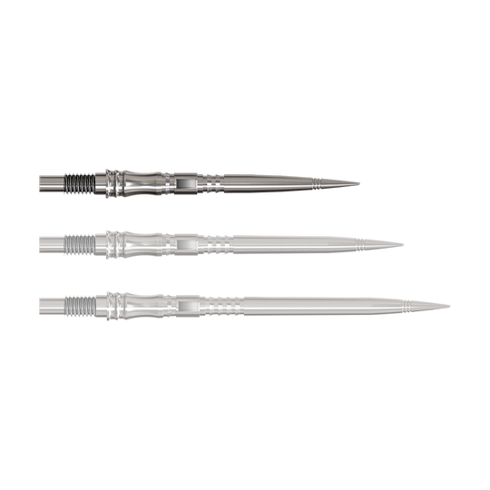 Abgebildet ist eine silberne Dartspitze der Elite Series. Das Produkt liegt auf hellem Hintergrund.
