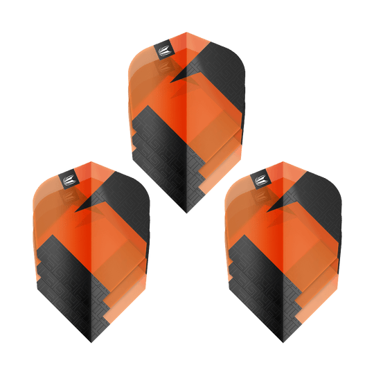 Target Pro Ultra TAG Orange Ten-X standaardvluchten - 3 sets Das Bild zeigt drei Sets von Target Pro Ultra TAG Orange Ten-X Standard Flights. Die Flights sind orange und schwarz gestaltet und haben ein modernes, geometrisches Muster.