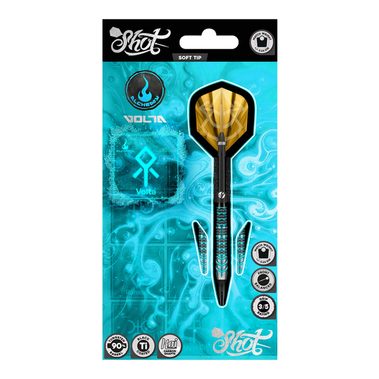 Abgebildet sind die Shot Alchemy Volta Softdarts - 20g aus einer detaillierten Ansicht. Diese Softdarts eignen sich gut für das Dartspiel.