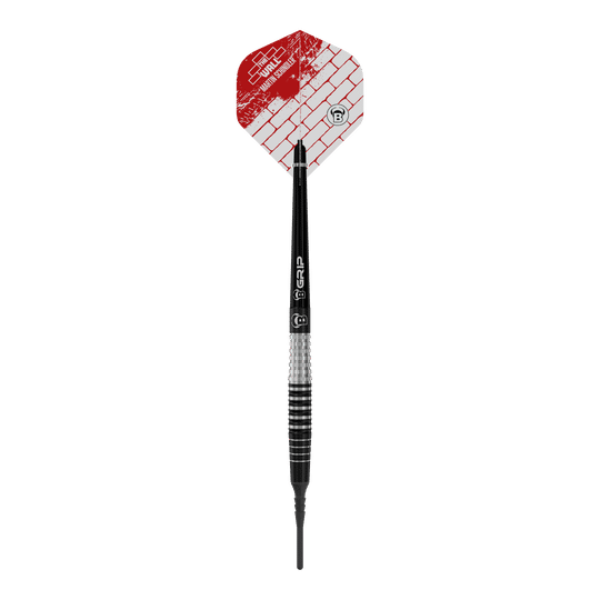 Das Bild zeigt einen Bulls Martin Schindler Original Generation 3 Softdart. Der Dart hat eine schwarz-silberne Struktur mit einer roten und weißen Flights mit Ziegelmuster.