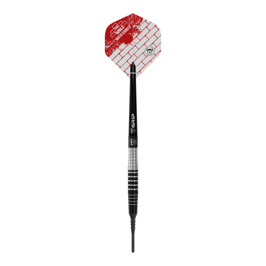 Bulls Martin Schindler Original Generation 3 zachte darts Das Bild zeigt einen Bulls Martin Schindler Original Generation 3 Softdart. Der Dart hat eine schwarz-silberne Struktur mit einer roten und weißen Flights mit Ziegelmuster.