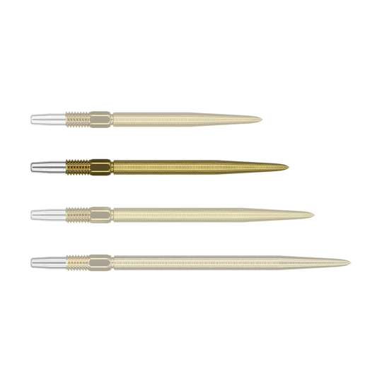 Target Swiss Point Nano Dartpunten - Goud Das Bild zeigt vier goldene Dartspitzen mit silbernem Befestigungsende, die nebeneinander liegen. Die Spitzen sind gleich lang und haben eine feine Riffelung entlang der gesamten Länge.