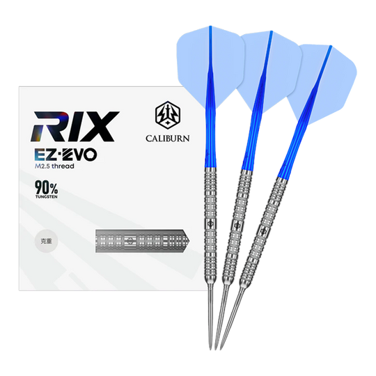 Caliburn Rix EZ-EVO R1 stalen dartpijlen Das Bild zeigt das vollständige Set der Caliburn Rix EZ-EVO R1 Steeldarts. Es handelt sich um professionelle Steeldarts für ambitionierte Spieler.