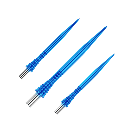 Red Dragon Raptor Gripped Blauw stalen darttips 30 mm Das Bild zeigt drei blaue Steeldartspitzen des Produkts "Red Dragon Raptor Gripped" mit einer Länge von 30 mm. Die Spitzen haben ein geriffeltes Griffdesign und silberne Enden.