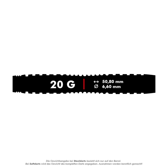 Das Bild zeigt die technischen Daten der Winmau Joe Cullen Rockstar Series RS1 Softdarts mit 20 Gramm Gewicht. Die Darts haben eine Länge von 50,80 mm und einen Durchmesser von 6,60 mm.