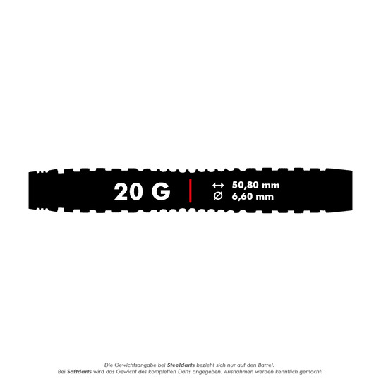 Winmau Joe Cullen Rockstar Series RS1 Zachte Darts - 20g Das Bild zeigt die technischen Daten der Winmau Joe Cullen Rockstar Series RS1 Softdarts mit 20 Gramm Gewicht. Die Darts haben eine Länge von 50,80 mm und einen Durchmesser von 6,60 mm.