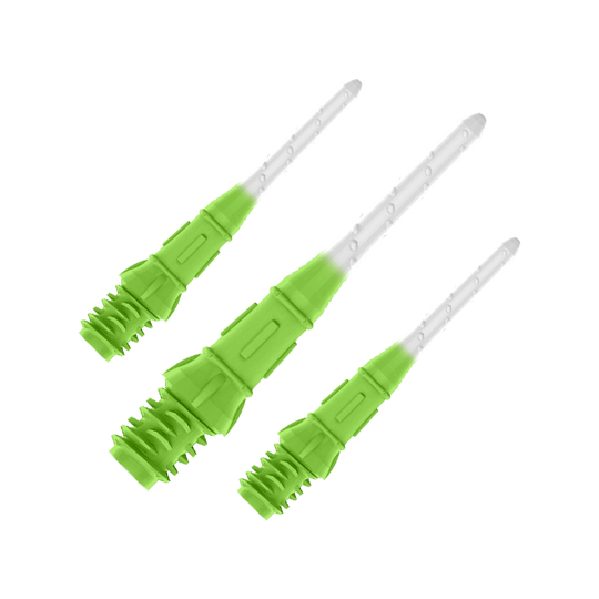 L-Style Premium Two Tone Lippoints (verpakking van 30) Das Bild zeigt drei grün-weiße Spitzen für Softdartpfeile. Die Spitzen haben eine geriffelte Struktur im unteren Bereich und verlaufen nach oben hin transparent.