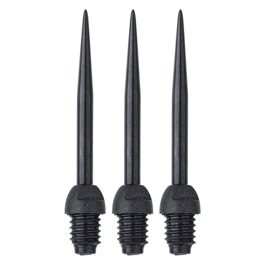 Winmau_Point-Converters Das Bild zeigt drei Winmau Carbon Point Converters, auch Conversion Points genannt. Sie sind schwarze Spitzen mit einem Schraubgewinde am unteren Ende.