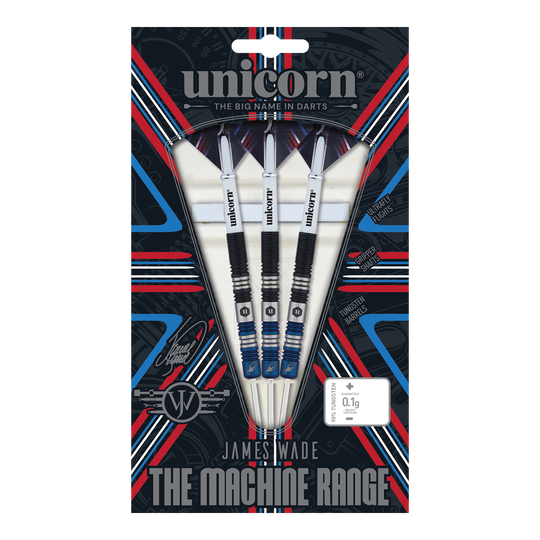 Unicorn The Machine James Wade Two-Tone Steel Darts Das Bild zeigt eine Packung mit drei Steeldarts der Marke Unicorn aus der "The Machine Range" von James Wade. Die Verpackung ist bunt gestaltet und hebt die Merkmale der Darts wie die Tungsten-Barrels und die spezielle Griffigkeit hervor.