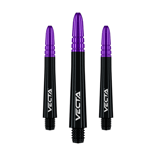 Das Bild zeigt drei Dartschäfte in Schwarz und Lila mit der Aufschrift "VECTA". Sie sind nebeneinander angeordnet und haben ein modernes, glänzendes Design.