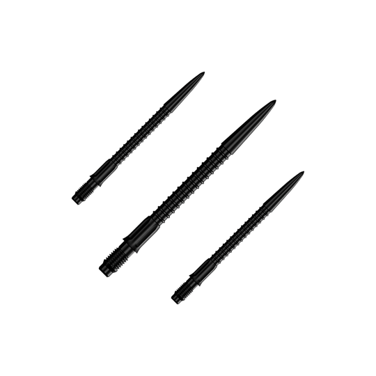 Mission R2.5 Rapid Point GV1 Dartpunten - Zwart Ein Set schwarzer Dartspitzen ist abgebildet. Die Spitzen sind für Darts und 30 mm lang.