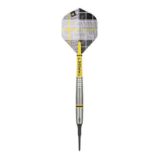 Target Scott Williams GEN2 zachte darts - 18g Das Bild zeigt einen Target Scott Williams GEN2 Softdart mit einem Gewicht von 18g. Der Dart hat gelbe Akzente und ein modernes, silberfarbenes Barrel-Design.