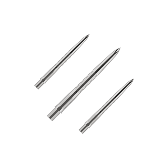 Mission Caliburn EVO dartpunten - gegroefd - zilver Das Bild zeigt drei silberne, gerillte Spitzen für Steeldarts. Sie liegen nebeneinander auf einem grünen Hintergrund.