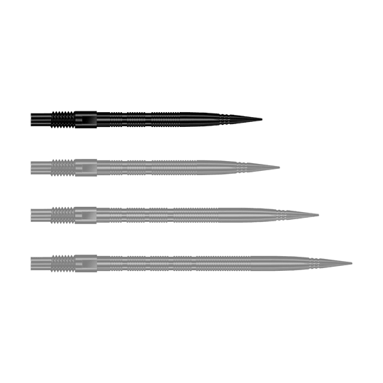 Harrows Quick Point Micro Ridge Dart Tips - Zwart Zu sehen ist eine einzelne schwarze Dartspitze mit Rillenmuster. Dieses Produkt ist als Ersatzspitze für Dartpfeile gedacht.