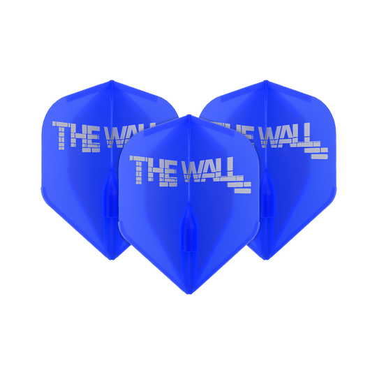 Das Bild zeigt drei blaue Dart-Flights mit der Aufschrift "THE WALL". Die Flights sind Teil des Produkts "L-Style Martin Schindler Blau L1EZ Flights".
