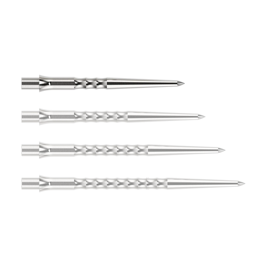Caliburn System stalen dartpunten - Ripple - NoLip - zilver Abgebildet ist eine silberne Steeldartspitze des Typs Ripple NoLip mit 28mm Länge. Die Spitze liegt frontal auf einer hellen Fläche.
