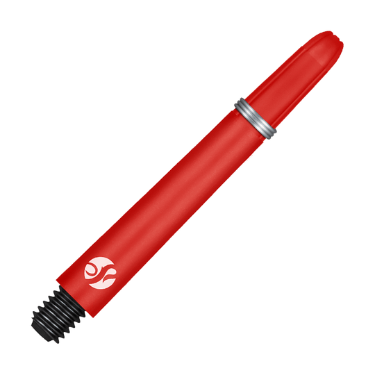 Shot Koi Carbon Shafts - Rood Dies ist ein roter Carbon-Schaft für Pfeile mit einer silbernen Befestigungsring. Am unteren Ende befindet sich ein schwarzes Gewinde zum Einschrauben.