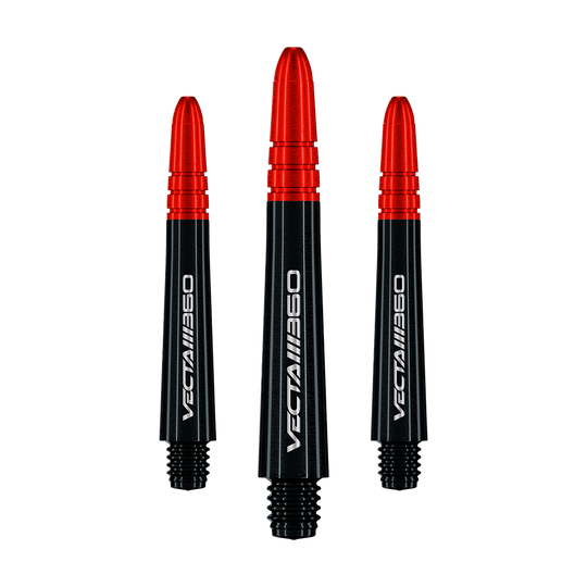 Winmau Vecta Blade 360 shafts - zwart Zu sehen ist ein Satz Winmau Vecta Blade360 Shafts in Schwarz mit 40 mm Länge. Die Shafts sind nebeneinander aufgestellt.