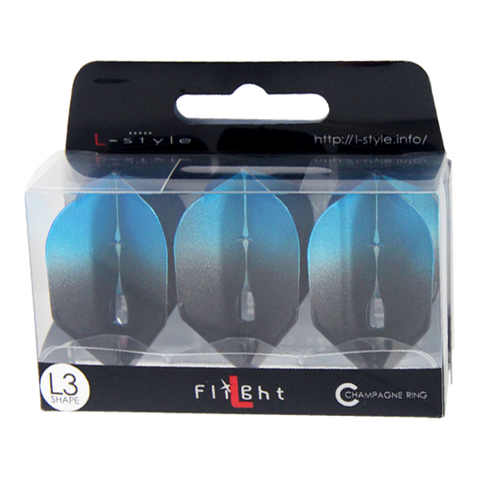 L-Style Two Tone L3PRO-vluchten Die Verpackung zeigt drei blaue Dartflights der Marke L-style. Auf der Schachtel steht "L3 Shape" und "Champagne Ring".