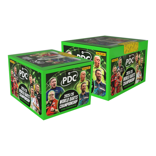 Panini PDC World Darts Championship 2025/26 - Hardcover Mega Bundle met twee stickerdozen Das Bild stellt das Panini PDC World Darts Championship 2025/26 Hardcover Mega Bundle mit zwei Stickerboxen dar. Es bietet ein Hardcover-Sammelalbum und zwei Stickerboxen zum Sammeln.