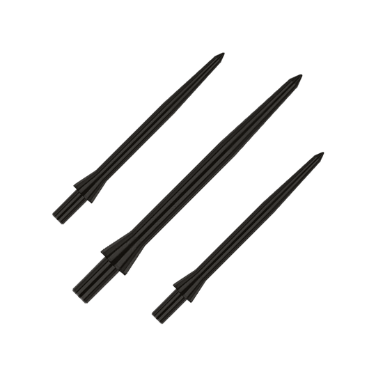 Red Dragon Raptor Plain Black stalen dartpunten - 30 mm Das Bild zeigt drei schwarze Steeldartspitzen der Marke Red Dragon Raptor in 28 mm Länge. Die Spitzen sind schlicht und haben ein glattes Design.