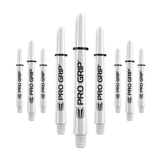 Target Pro Grip Shafts - 3 sets - Wit Das Bild zeigt mehrere weiße Dartschäfte mit der Aufschrift "PRO GRIP". Sie sind in drei Reihen angeordnet und haben schwarze Ringe an der Oberseite.
