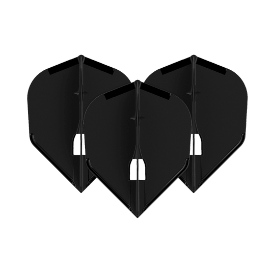 L-Style Champagne L3PRO Shape Flights Auf dem Bild sind drei schwarze Dartflights zu sehen. Sie haben eine klassische, abgeflachte Form und stehen nebeneinander.