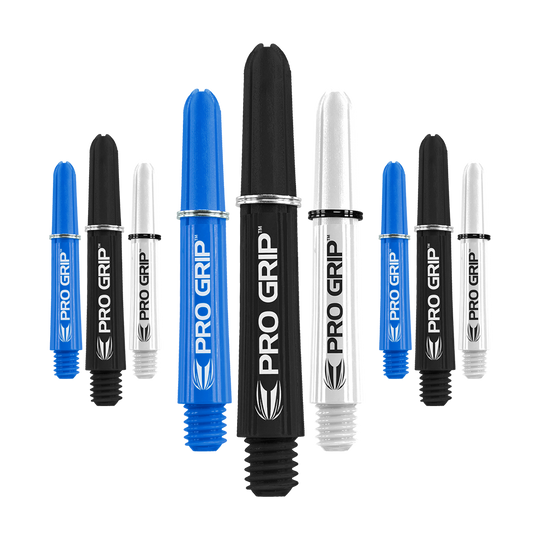 Das Bild zeigt neun Dartschäfte in den Farben Blau, Schwarz und Weiß mit der Aufschrift "PRO GRIP". Sie sind in unterschiedlichen Größen angeordnet und stehen aufrecht nebeneinander.