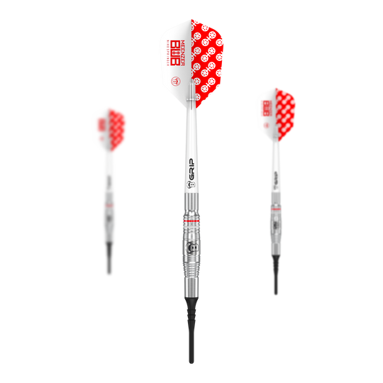 Das Bild zeigt drei Softdarts des Modells 'Bulls Niko Springer' mit einem Gewicht von 22g. Die Darts haben silberne Schäfte und weiße Flights mit einem roten Punktmuster.