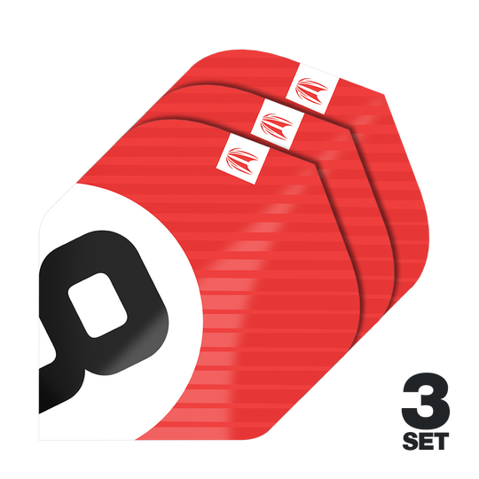 Target Pro Ultra Chicane Rood No2 Standaard vluchten - 3 sets Das Bild zeigt drei Sätze der Target Pro Ultra Chicane Red No2 Standard Flights. Die Flights sind überwiegend rot mit einem weißen und schwarzen Design und werden als 3er-Set angeboten.