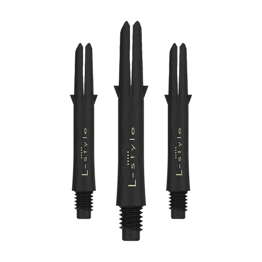 L-Style carbon schachten Das Bild zeigt drei schwarze L-Style Carbon Shafts für Darts ohne Kappen. Auf den Schäften steht in goldener Schrift das Wort "L-style".