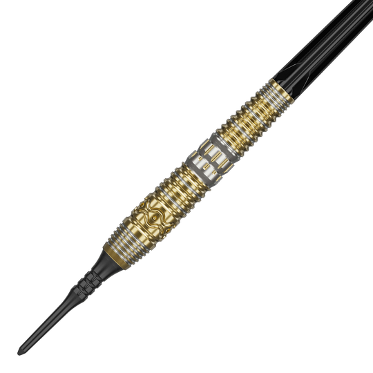 Das Bild zeigt einen Softdart mit dem Namen "Target Japan Hot Shot GEN2 Softdarts - 19g". Der Dart hat ein auffälliges Design in Gold und Silber mit detaillierten Gravuren am Griff.