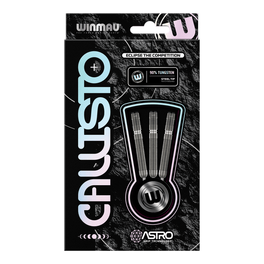 Winmau Callisto 01 Steeldarts Das Bild zeigt eine Verpackung der "Winmau Callisto 01 Steeldarts". In der Mitte sind drei Darts mit Stahlspitze und 90% Tungsten-Anteil sichtbar.