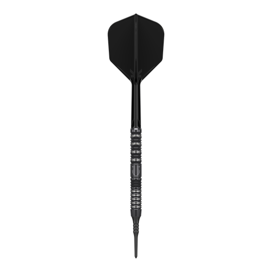 Das Bild zeigt einen schwarzen Softdart der Marke "Target Japan Black Marque Draco GEN2" mit einem Gewicht von 20g. Der Dart hat ein elegantes, modernes Design mit metallischen Akzenten am Griff.