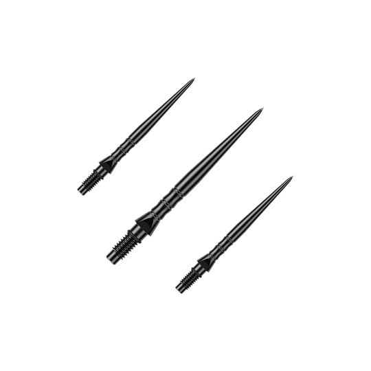Das Bild stellt ein Set schwarzer Steeldartspitzen in der Länge von 26 mm dar. Dieses Set ist für Steeldartspieler gedacht.