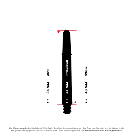 Das Bild zeigt drei verschiedene Längen von Target Pro Grip Shafts: Short (34 mm), Intermediate (41 mm) und Medium (48 mm). Die roten Linien markieren die Messpunkte der Längenangabe, das Gewinde wird nicht mitgerechnet.