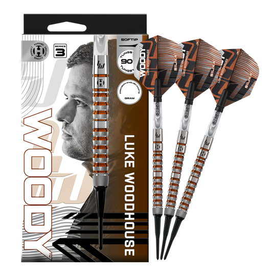 Abbildung der Harrows Luke Woodhouse Series 3 Softdarts - 18g. Die Darts werden vollständig dargestellt.