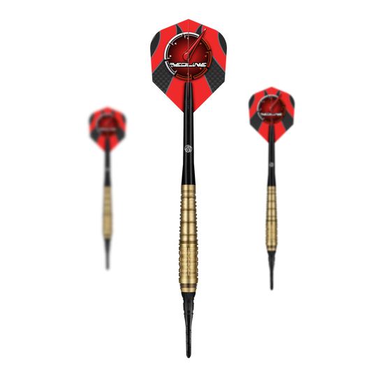 Shot Redline Mach 1 zachte dartpijlen - 20g Das Bild zeigt drei Softdarts des Produkts „Shot Redline Mach 1“ mit einem Gewicht von 20g. Die Darts haben rote Flights mit schwarzem Muster und goldenen Griffen.