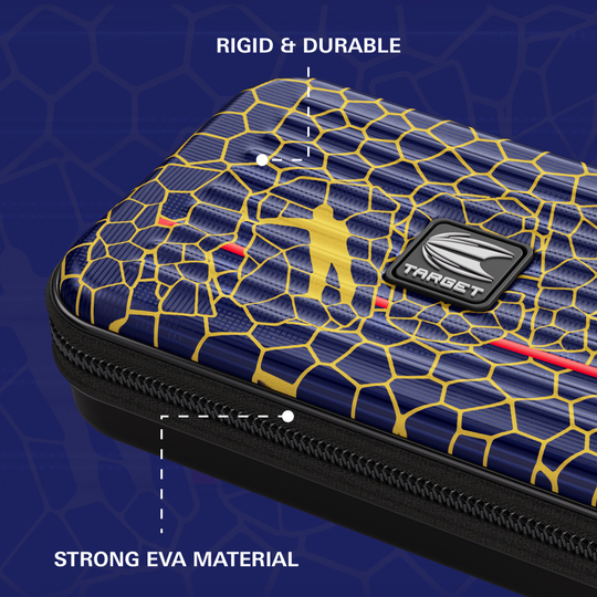 Das Bild zeigt das Target Takoma Josh Rock XL Dartcase mit einem blauen und gelben Wabendesign. Es wird auf die robuste und langlebige Struktur sowie das starke EVA-Material hingewiesen.