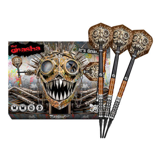 Das Foto zeigt die vollständigen Shot Gnarly Gnasha Softdarts - 20g. Diese Softdarts zeichnen sich durch ein modernes Design aus.