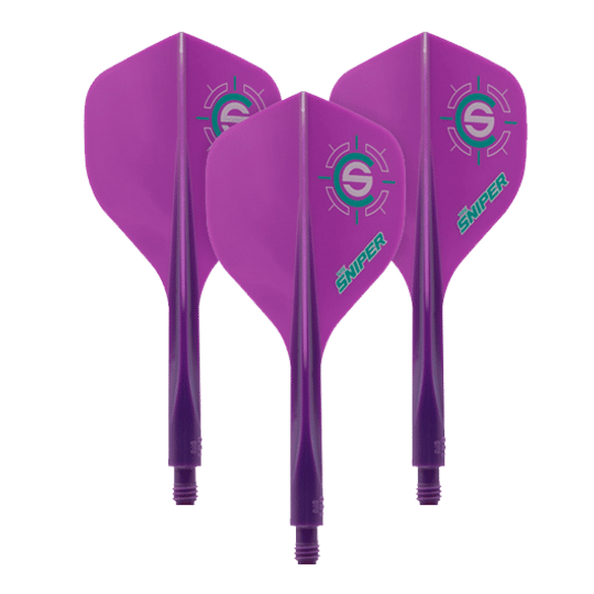 Das Bild zeigt drei lila Dartflights mit dem Aufdruck "Sniper" und einem Zielsymbol. Es handelt sich um das Produkt "Condor Axe 120 Connor Scutt Sniper Purple Flight-System - Standard".