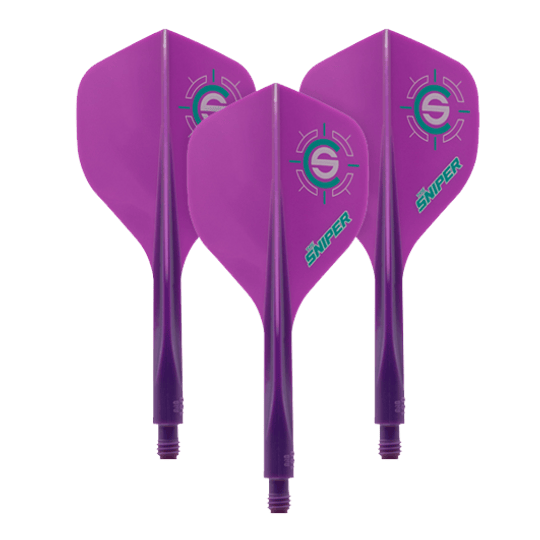 Condor Ax 120 Connor Scutt Sniper Purple Flight System - Standaard Das Bild zeigt drei lila Dartflights mit dem Aufdruck "Sniper" und einem Zielsymbol. Es handelt sich um das Produkt "Condor Axe 120 Connor Scutt Sniper Purple Flight-System - Standard".