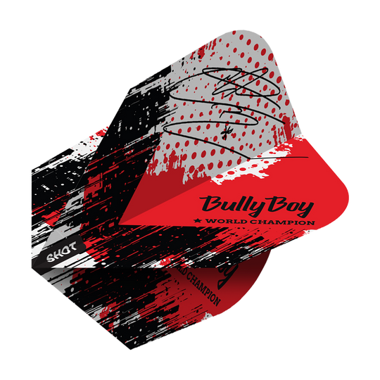 Schot Michael Smith Bully Boy Game Day No6 Vluchten Das Bild zeigt die "Shot Michael Smith Bully Boy Game Day No6 Flights" mit einem rot-schwarzen Design und Unterschrift. Auf dem Flight steht "Bully Boy World Champion" und das Shot-Logo ist sichtbar.