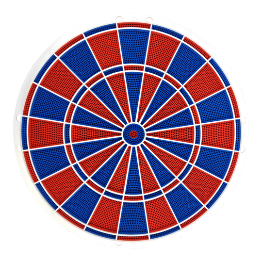 Karella E-Master reserveonderdeel Das Bild zeigt eine runde Dartscheibe mit abwechselnd roten und blauen Segmenten. Die Segmente sind durch weiße Linien getrennt und die Scheibe hat einen weißen Rahmen.