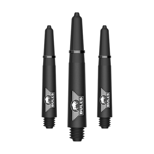 Bulls NL Capo Carbon shafts - Zwart Ein Bild mit dem Dateinamen BU55340_BullsNL_Capo_Carbon_Shafts_Schwarz_Short_34mm_1Set. Es handelt sich vermutlich um ein Set aus kurzen schwarzen Carbon-Shafts für Darts.