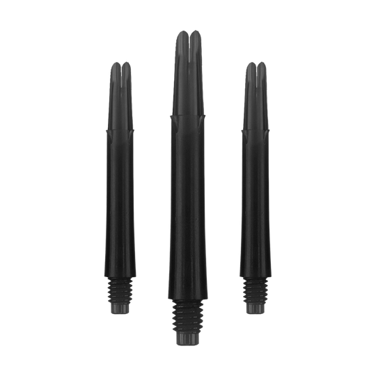L-L-Style-Shafts Locked Straight - Zwart Auf dem Bild sind drei schwarze, gerade Dartshafts ohne Kappen zu sehen. Sie haben ein Gewinde am unteren Ende und sind jeweils 39 mm lang.