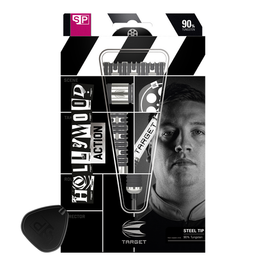 Targetwit Chris Dobey Hollywood Action Swiss Point Steeldarts Die Abbildung zeigt die Verpackung der "Target Chris Dobey Hollywood Action Swiss Point Steeldarts". Auf der Verpackung sind die Darts, der Produktname und ein Porträt einer Person zu sehen.