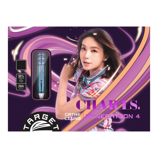 Auf dem Bild ist die Verpackung der "Target Japan Cathy Leung Charis GEN4 Softdarts - 21g" zu sehen. Die Verpackung zeigt eine Frau neben einem Softdart-Pfeil und ist in lila und pinken Farbtönen gestaltet.